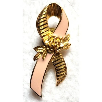 Prendedor de solapa dorado Avon Breast Cancer 2" cinta rosa esmalte flor rosa  Foto 1 de 3