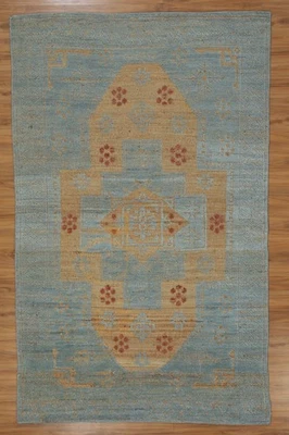 Handmade Vintage Look Oushak Flat-Cut Area Rug Blue Beige Red Floral Accent - Image 1 of 4