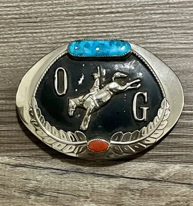 Vintage Turquoise and Coral Inlay Western Belt Buckle Cowboy Horse Rodeo OG - Picture 1 of 5