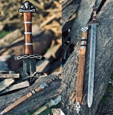 Espada vikinga de acero Damasco forjada a mano lista para la batalla espada medieval + vaina Foto 1 de 4
