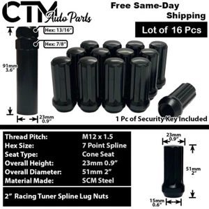 16x Black 2" Tall 12x1.5 Spline Tuner Wheel Lug Nut +Key Fit Acura Honda Toyota - Picture 1 of 6
