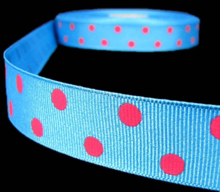 5 Yards Blue Pink Polka Dot Polkadot Grosgrain Ribbon 7/8"W - Image 1 of 1