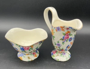 VTG Erphila Germany Warwick Cheery Chintz China Creamer and Sugar w Gold Trim - Picture 1 of 13