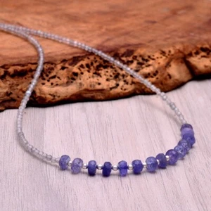 Blue Tanzanite & Labradorite Faceted Round Gemstone Beads Choker Necklaces 18'' - Picture 1 of 12