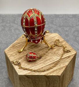 Faberge egg style trinket box with necklace, red enamel egg, rhinestones