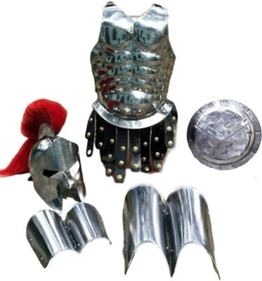 Casco Medieval Armor King Spartan 300 con Pluma Roja Chaqueta Muscular Pierna Brazos Protectores Foto 1 de 4