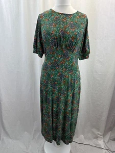 Oasis Stretchy Dress Green Orange White Short Sleeve Midi Size L BNWT - Picture 1 of 13