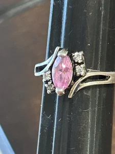 925 Sterling Silver Vintage Marquise-Cut Pink C Z Floral Ring Size 8.5 - Picture 1 of 6