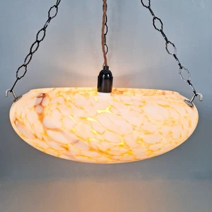 Vintage Art Deco light shade marbled glass amber XL bowl hanging plafonnier - Picture 1 of 13