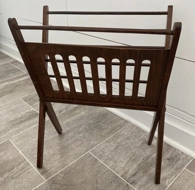 VINTAGE MCM Mid-Century  Modern WALNUT WOOD Folding MAGAZINE Towel RACK - Image 1 of 4