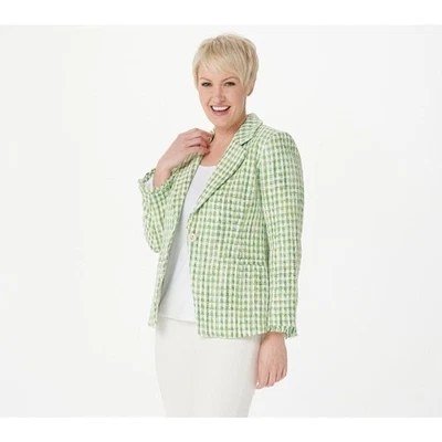 Dennis Basso Women Blazer ~ Tweed Bracelet Sleeve 6 Lime Green Plaid A395878  - Image 1 of 4
