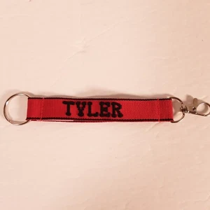 TYLER Embroidered Name Strap Key Ring Keychain with Clasp Red & Black - Picture 1 of 9