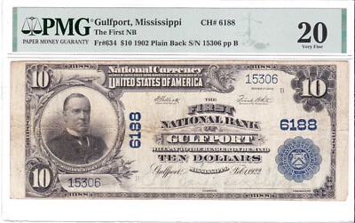 $10 1902 PB National GULFPORT Mississippi MS 🇺🇸 PMG 20 Very Fine! 🇺🇸 - Image 1 of 2