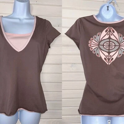 Athleta Sz MEDIUM Pink Light Brown Layered Tee S/S 100% Cotton Cutouts EUC - Image 1 of 4