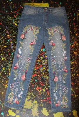 Venus Pants Embroidered Crystal Sequins Faux Pearls Size 4 Womens Blue Jeans - Image 1 of 4