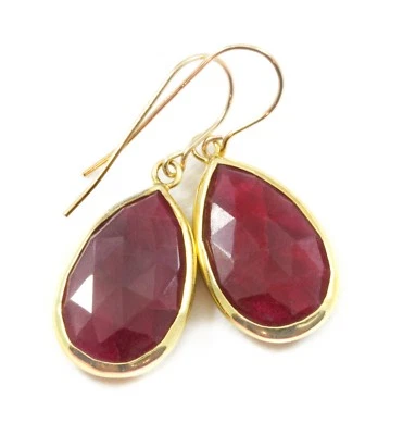 Red Ruby Earrings 14k Solid Yellow Gold Natural Vermeil Bezel Long Teardrops - Image 1 of 2
