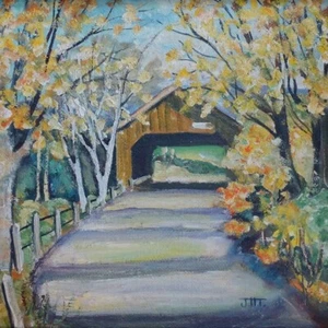 Old Autumn Landscape Oil Painting Fall Foliage Covered Bridge Trees Signed J.T. - Picture 1 of 20
