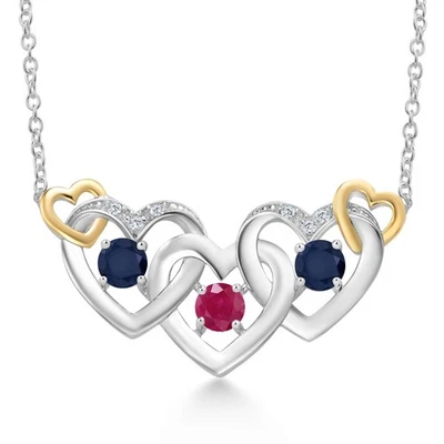 Plata 925 y Oro Amarillo 10K Rubí Zafiro y Blanco Laboratorio Cultivado Diamante Corazón Foto 1 de 3