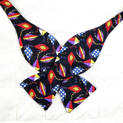 Vintage Tie Rack Black  100% Silk Bow Tie KITE FLYING Adjustable England 2-3/8" - Image 1 of 4