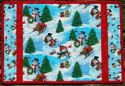 Handcrafted Quilted Placemats - Set of 6 - CHRISTMAS PRESENTS TREE SNOWMAN - Image 1 of 4