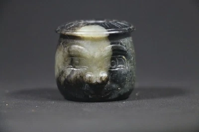 Chinese old Shang Dy Jade black Qin Carved god head figure pendant 商代白玉黑沁神人首挂件 - Image 1 of 4