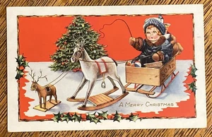 Girl Pretending Sledding SOAP BOX Toy Horse Reindeer CHRISTMAS Vtg Emb Postcard! - Picture 1 of 3
