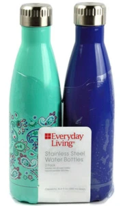 Everyday Living Two Pack Stainless Steel Water Bottles Blue Aqua Paisley 16.4 oz - Picture 1 of 12