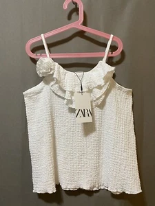 NWT ZARA Girls Sleeveless Flower Detail Ruffle Crinkle Jersey Top SZ 13-14 White - Picture 1 of 12