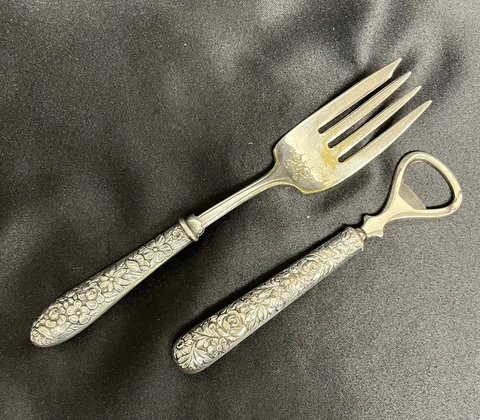 Antique Sterling Silver Repousse Handle Bottle Opener & Serving Fork Cover