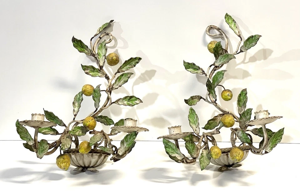 复古意大利彩绘 Tole 2 浅柠檬壁灯烛台餐具 — 第 1/4 张图片