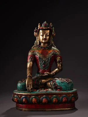 10英寸青铜镶嵌宝石绿松石红色珊瑚佛教文化释迦牟尼佛  — 第 1/4 张图片