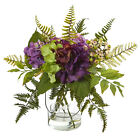 Artificial 14" Green & Purple Hydrangea Flowers & Berry Arrangement in Glass Jar