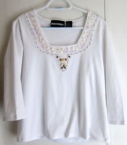 Women's White pullover top accented w/ beads & sequins around neckline Sz L MINT - Picture 1 of 6