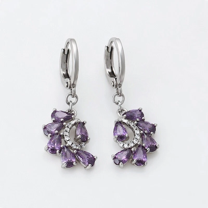 Pendientes colgantes de plata de ley 925 para mujer amatista natural 30 mm con cierre de palanca D53 Foto 1 de 4