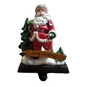 Christmas Stocking Mantel Hanger Holder Santa Cast Iron Base scene is Resin 6" - Picture 1 of 8