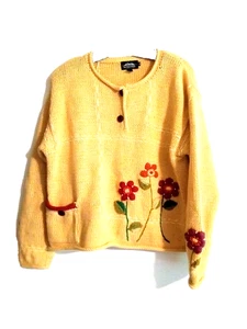 Icelandic Design Sweater Women's M Mustard embroidered flowers pocket long slv - Picture 1 of 8