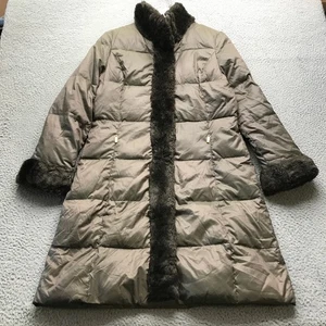 Ellen Tracy Puffer Coat Jacket Womens Small Long Down Faux Fur Trim Brown - Picture 1 of 11