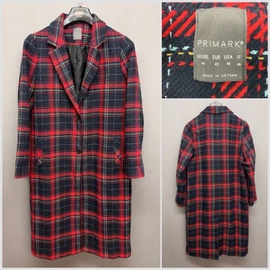 PRIMARK Women's Long Navy Red Autumn Winter Check Coat UK 14 EUR 42 - Picture 1 of 13