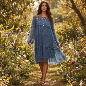 Vestido Floral Maeve Anthropologie Azul Transparente Punto Suizo Bordado XL Boho - Imagen 1 de 10