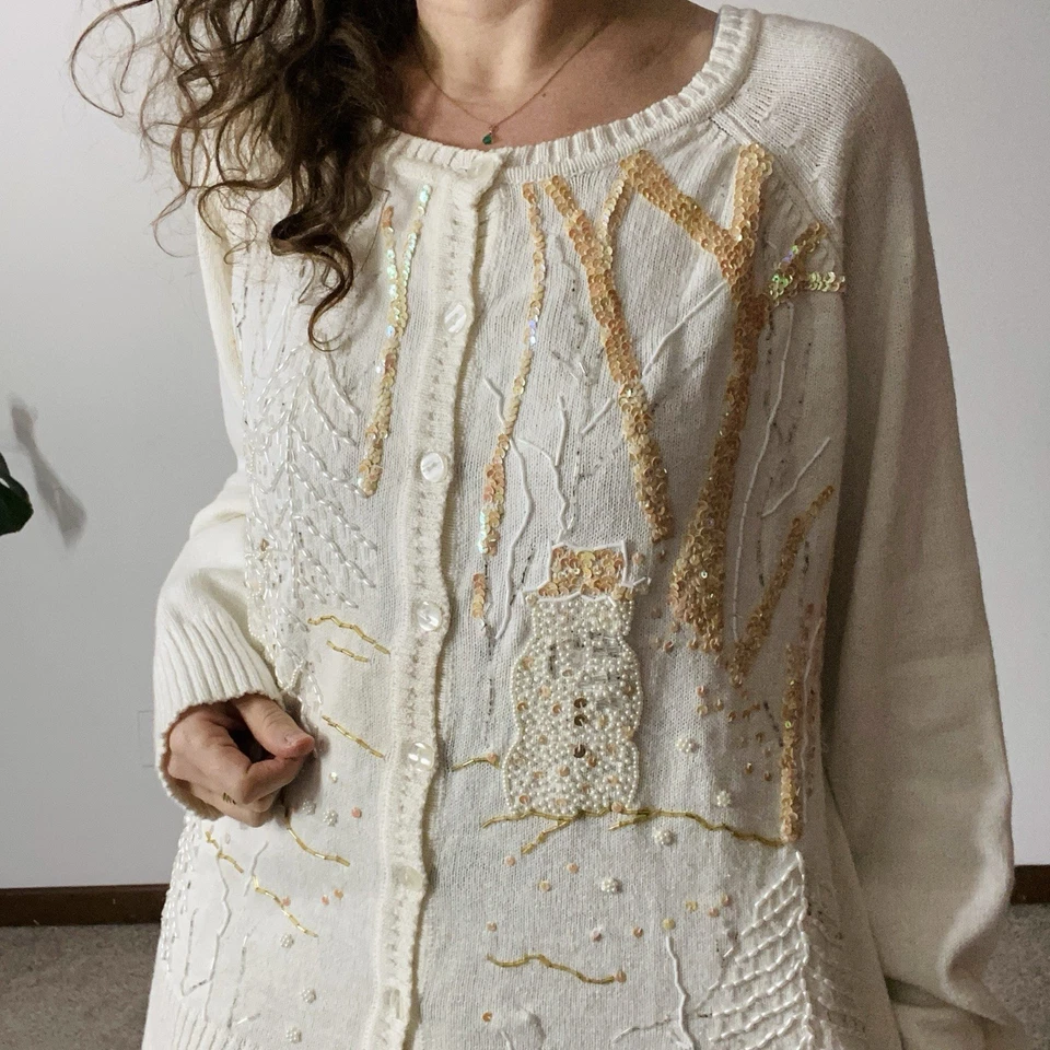 VINTAGE WISH FOR JOY 2XL Beaded Winter Christmas Cardigan Beige Y2K Cabincore - Image 1 of 4
