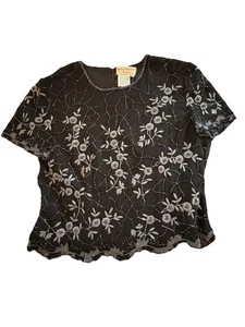 VTG Papell Boutique Adrianna Evening Silk Beaded Top Size XL Black Scallop EUC - Picture 1 of 12