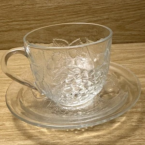 Pasabahce pressed Clear glass Saucer And Coffee Tea cup Mug Fruit Berries Grape - Picture 1 of 13