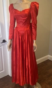 Vintage rot Fit Flare seidig Party Kleid Kleid Valentinstag 80er große Schleife Puff - Bild 1 von 10