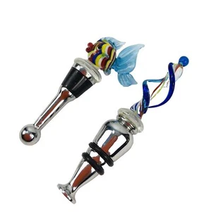 Murano Style Art Glass Wine Bottle Stoppers Set Blue Red Fish Spiral Metal base - Picture 1 of 6
