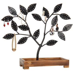 MyGift Black Metal Jewelry Tree Earring Necklace Hanger with Wooden Tray Holder - Picture 1 of 4