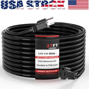 Cable de extensión negro de 27 pies y 3 núcleos para exteriores SJTW 16AWG/15A 3 clavijas 960W impermeable - Imagen 1 de 10