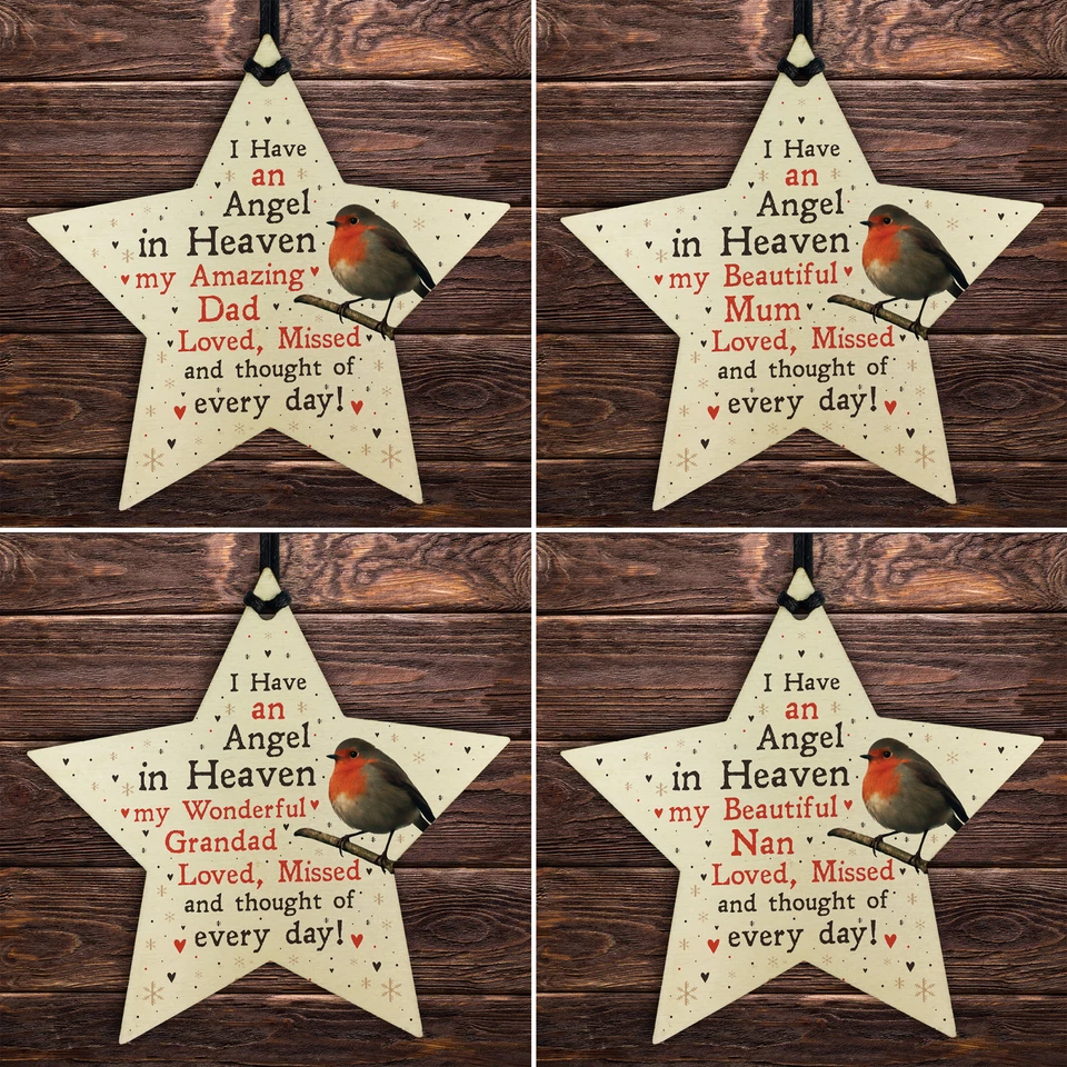 Robin Memorial Christmas Tree Hanging Decoration Wood Heart Mum Dad Nan Grandad  - Image 1 of 1