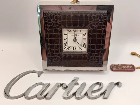 *** Cartier Cushion  Alarm / Desk Clock Chocolate / Crocodile / Stainless **** Cover