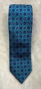 Bill Blass Mens Neck Tie Peacock Green Navy Blue Diamonds 60"L  x 3.25 100% Silk - Picture 1 of 3