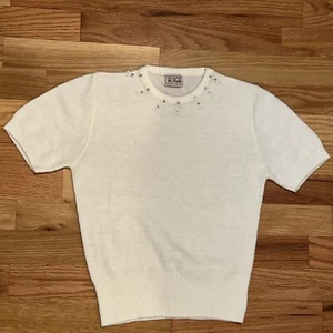 100% HI-BULK ORLON Vtg Cream Sweater Girls Short Sleeve Rhinestones See Pics - Picture 1 of 6